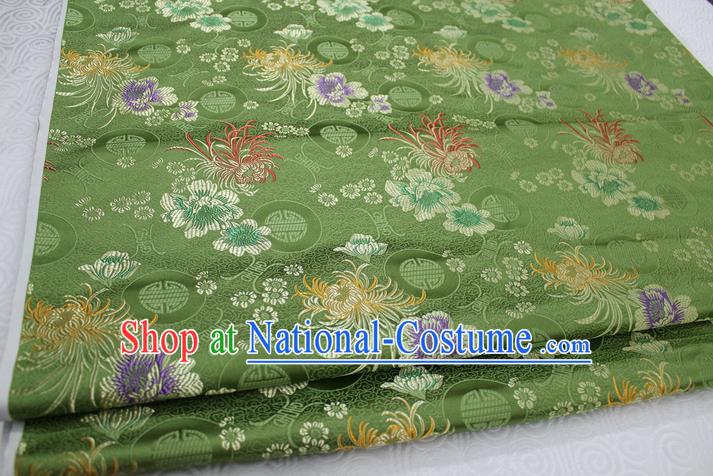 Chinese Traditional Royal Palace Longevity Chrysanthemum Pattern Tang Suit Cheongsam Green Brocade Fabric, Chinese Ancient Costume Hanfu Material