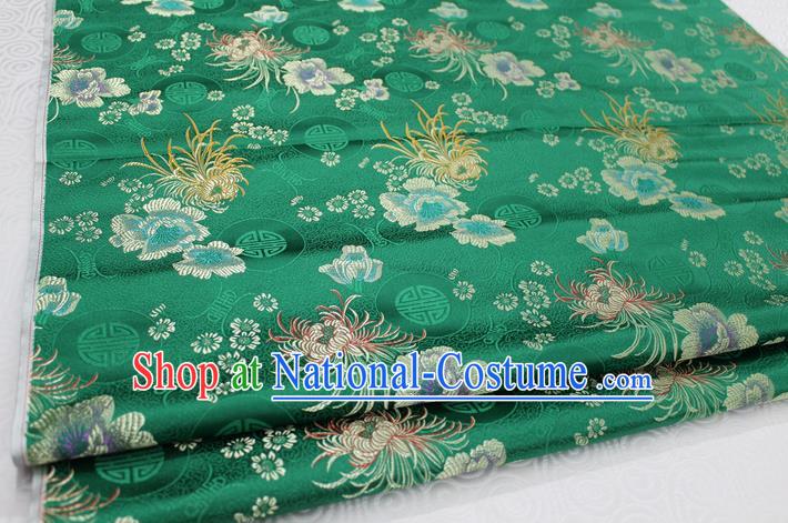 Chinese Traditional Royal Palace Longevity Chrysanthemum Pattern Tang Suit Cheongsam Deep Green Brocade Fabric, Chinese Ancient Costume Hanfu Material