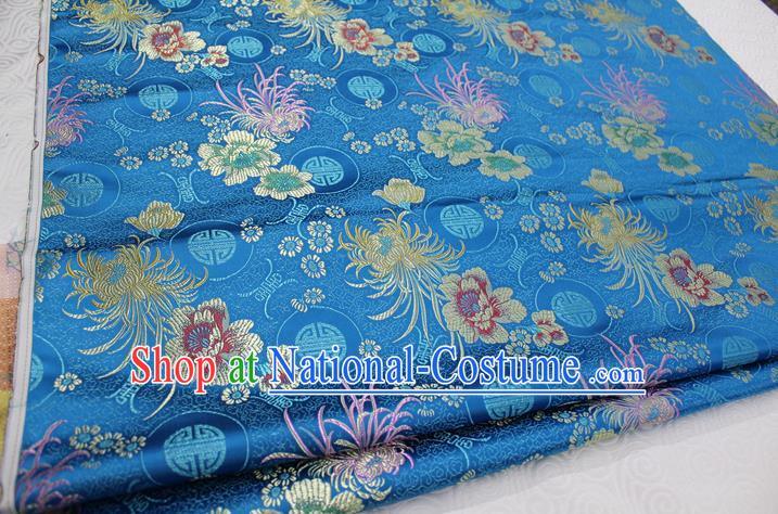 Chinese Traditional Royal Palace Longevity Chrysanthemum Pattern Tang Suit Cheongsam Blue Brocade Fabric, Chinese Ancient Costume Hanfu Material