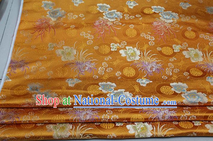 Chinese Traditional Royal Palace Longevity Chrysanthemum Pattern Tang Suit Cheongsam Yellow Brocade Fabric, Chinese Ancient Costume Hanfu Material