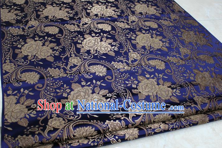 Chinese Traditional Royal Palace Rose Pattern Royalblue Brocade Mongolian Robe Fabric, Chinese Ancient Costume Satin Hanfu Tang Suit Material