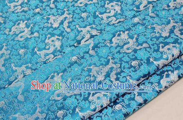 Chinese Traditional Palace Dragons Pattern Cheongsam Light Blue Brocade Fabric, Chinese Ancient Costume Tang Suit Hanfu Satin Material