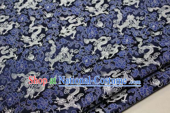 Chinese Traditional Palace White Dragons Pattern Cheongsam Navy Brocade Fabric, Chinese Ancient Costume Tang Suit Hanfu Satin Material