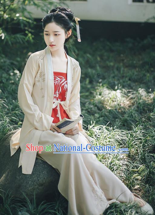 Traditional Chinese Song Dynasty Young Lady Costume Ancient Hanfu Embroidered Blouse and Pants Complete Set for Women