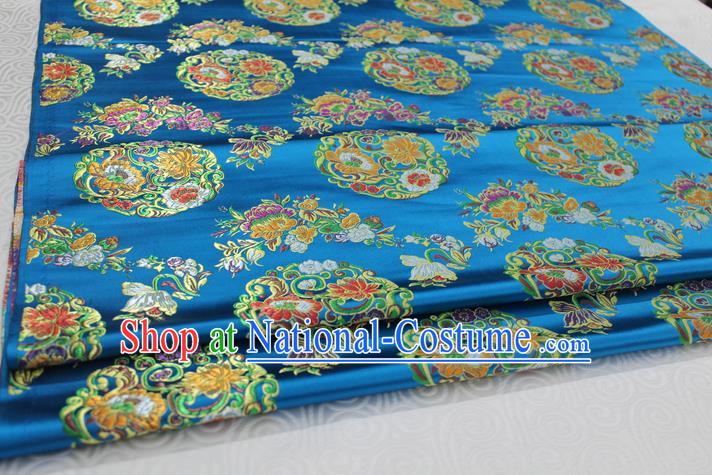 Chinese Traditional Ancient Costume Palace Round Peony Pattern Mongolian Robe Blue Nanjing Brocade Tang Suit Fabric Hanfu Material