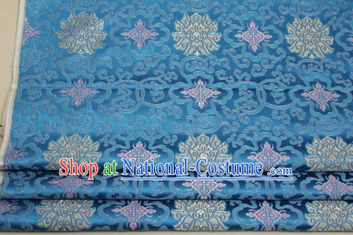 Chinese Traditional Ancient Costume Palace Lotus Pattern Mongolian Robe Cheongsam Blue Brocade Tang Suit Fabric Hanfu Material