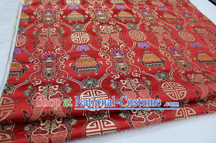 Chinese Traditional Ancient Costume Palace Double Fish Pattern Red Nanjing Brocade Cheongsam Satin Mongolian Robe Fabric Hanfu Material