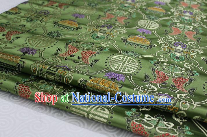 Chinese Traditional Ancient Costume Palace Double Fish Pattern Olive Green Nanjing Brocade Cheongsam Satin Mongolian Robe Fabric Hanfu Material