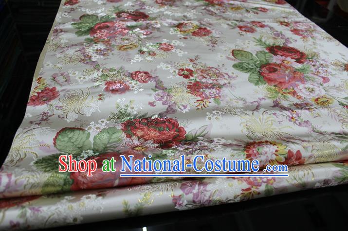 Chinese Traditional Ancient Costume Palace Printing Peony White Nanjing Brocade Cheongsam Satin Mongolian Robe Fabric Hanfu Material