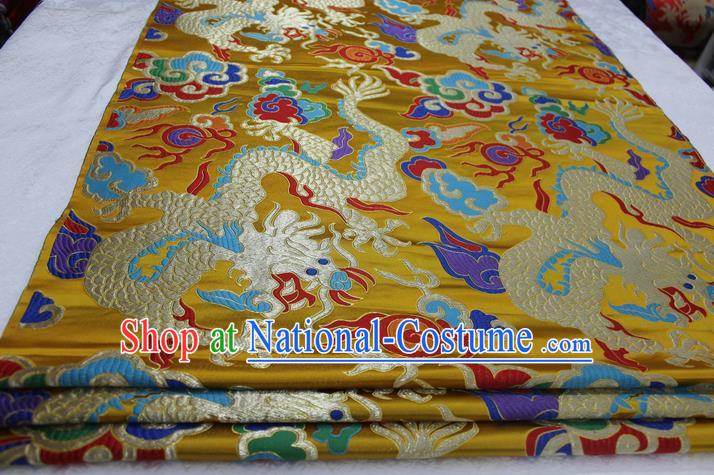 Chinese Traditional Ancient Costume Palace Dragons Pattern Cheongsam Tibetan Robe Yellow Brocade Tang Suit Satin Fabric Hanfu Material