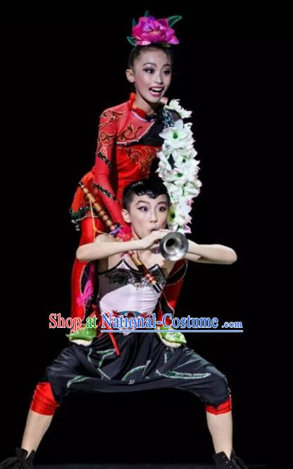 Traditional Chinese Classical Yangge Fan Dance Costume, Folk Dance Drum Dance Uniform Yangko Clothing for Kids