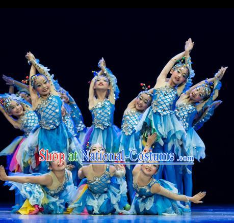 Traditional Chinese Modern Fish Dance Costume, Folk Dance Drum Dance Blue Uniform Yangko Clothing for Kids