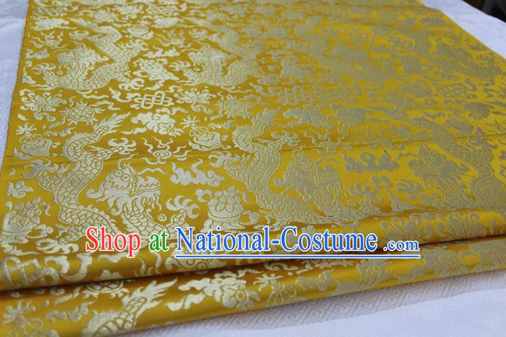 Chinese Traditional Ancient Costume Palace Dragons Pattern Tang Suit Cheongsam Yellow Brocade Mongolian Robe Satin Fabric Hanfu Material