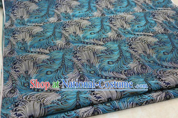 Chinese Traditional Ancient Costume Palace Feather Pattern Tang Suit Blue Brocade Cheongsam Satin Fabric Hanfu Material