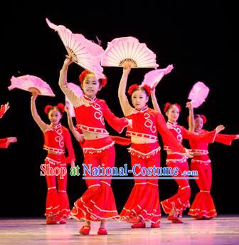 Traditional Chinese Yangge Fan Dance Costume, Folk Dance Drum Dance Red Uniform Yangko Clothing for Kids