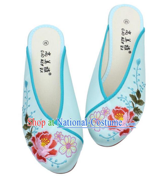 Traditional Chinese National Light Blue Embroidered Shoes, China Handmade Embroidery Peony Hanfu Slippers for Women