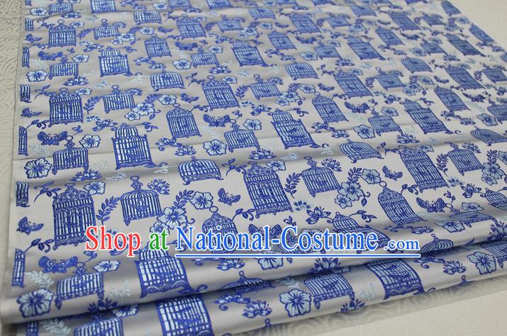 Chinese Traditional Ancient Costume Palace Blue Pattern Kimono Cheongsam White Brocade Tang Suit Satin Fabric Hanfu Material