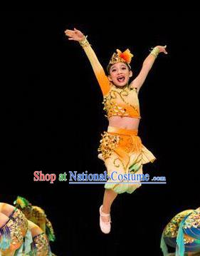 Traditional Chinese Yangge Fan Dance Costume, Folk Dance Drum Dance Yellow Uniform Yangko Clothing for Kids