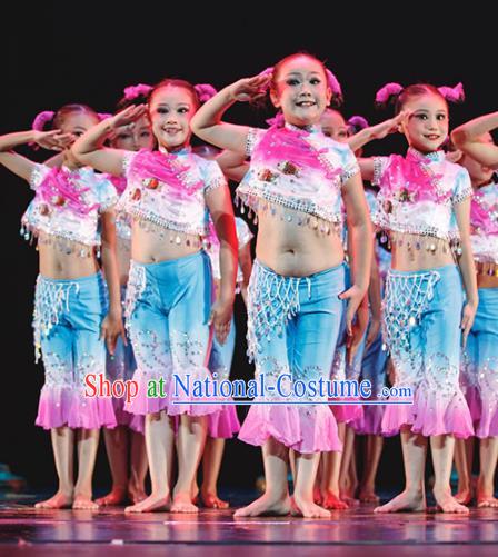 Traditional Chinese Yangge Fan Dance Costume, Folk Dance Drum Dance Blue Uniform Yangko Clothing for Kids