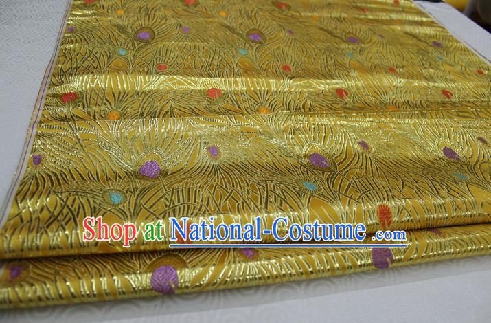 Chinese Traditional Ancient Costume Royal Palace Feather Pattern Mongolian Robe Tang Suit Yellow Brocade Cheongsam Satin Fabric Hanfu Material