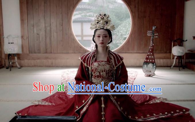 Traditional Ancient Chinese Tang Dynasty Imperial Concubine Wedding Embroidered Tailing Red Dress Costume and Headpiece Complete Set for Women