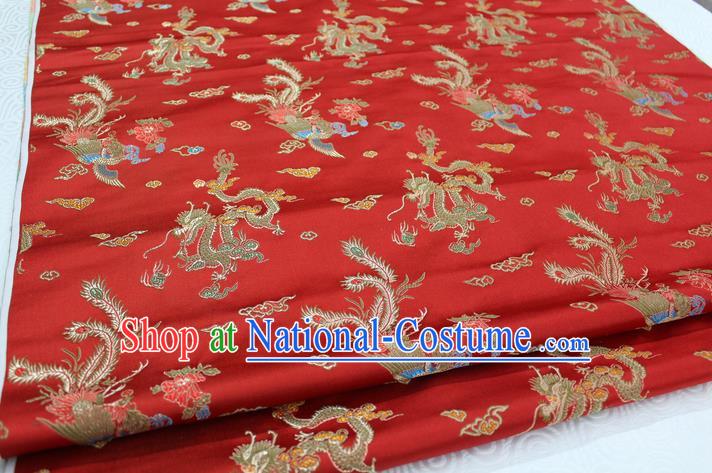 Chinese Traditional Ancient Costume Royal Palace Dragon Phoenix Pattern Mongolian Robe Red Brocade Wedding Dress Satin Fabric Hanfu Material