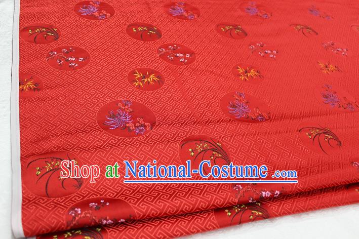 Chinese Traditional Wedding Clothing Tang Suit Red Brocade Ancient Costume Palace Plum Blossom Orchid Bamboo Chrysanthemum Pattern Satin Fabric Hanfu Material