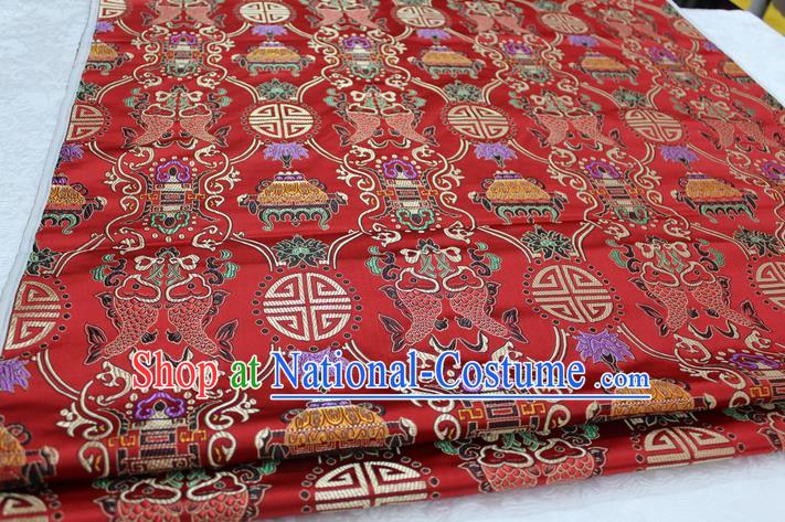 Chinese Traditional Ancient Costume Royal Palace Buddhism Double Fish Pattern Mongolian Robe Red Brocade Tibetan Robe Satin Fabric Hanfu Material