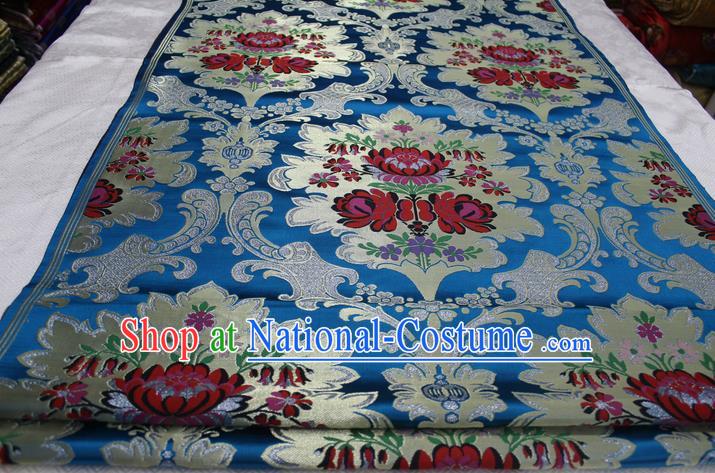 Chinese Traditional Ancient Wedding Costume Mongolian Robe Blue Brocade Palace Pattern Xiuhe Suit Satin Fabric Hanfu Material