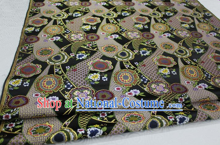 Chinese Traditional Ancient Costume Royal Palace Kimono Pattern Mongolian Robe Black Brocade Satin Fabric Hanfu Material