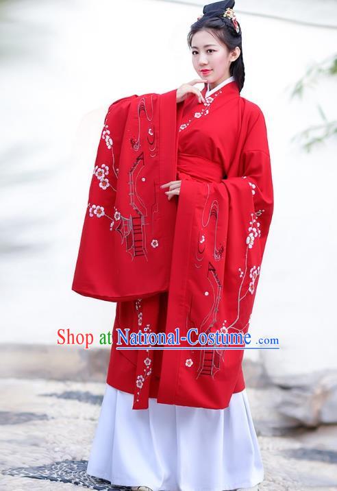 Traditional Chinese Han Dynasty Palace Lady Imperial Princess Hanfu Curving-front Robe Embroidered Costume for Women