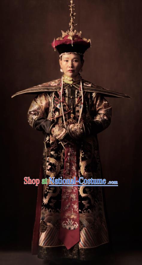 Traditional Ancient Chinese Qing Dynasty Manchu Lady Empress Dowager Embroidered Costume and Headpiece Complete Set