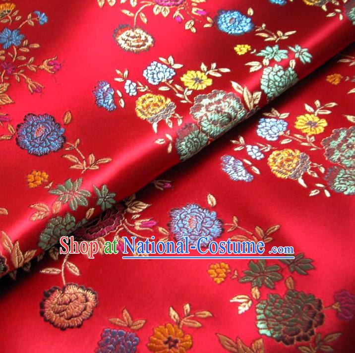 Chinese Traditional Royal Court Flowers Pattern Red Brocade Ancient Costume Tang Suit Cheongsam Bourette Fabric Hanfu Material