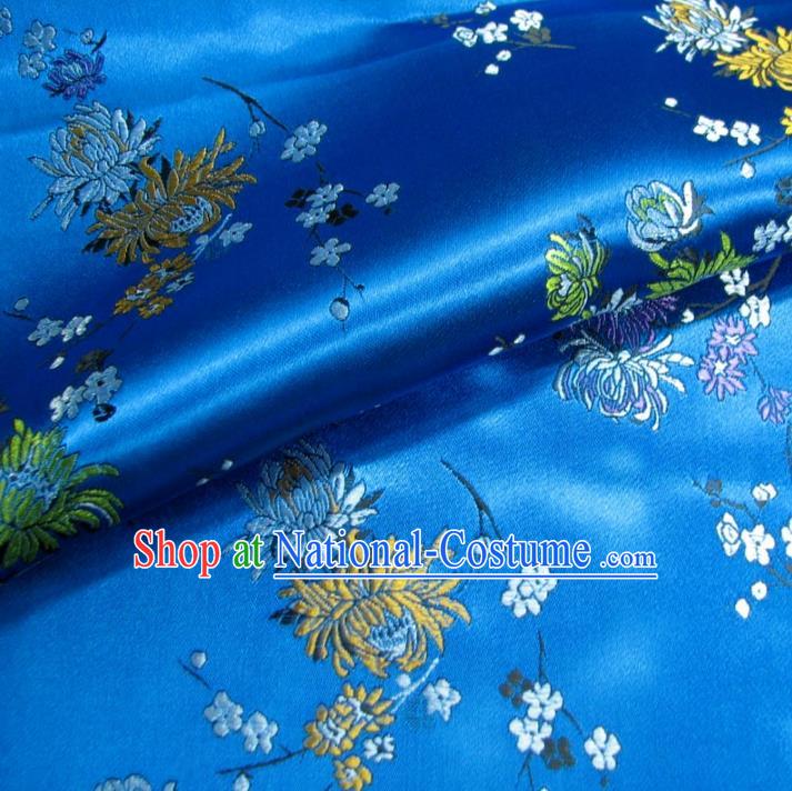 Chinese Traditional Royal Court Chrysanthemum Pattern Blue Brocade Ancient Costume Tang Suit Cheongsam Bourette Fabric Hanfu Material