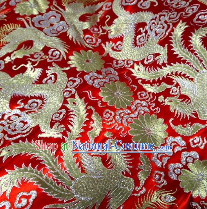 Chinese Traditional Royal Court Phoenix Dragons Pattern Red Brocade Ancient Costume Tang Suit Cheongsam Bourette Fabric Hanfu Material