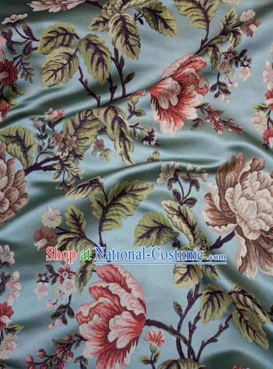 Chinese Traditional Royal Court Peony Pattern Blue Brocade Ancient Costume Tang Suit Cheongsam Bourette Fabric Hanfu Material