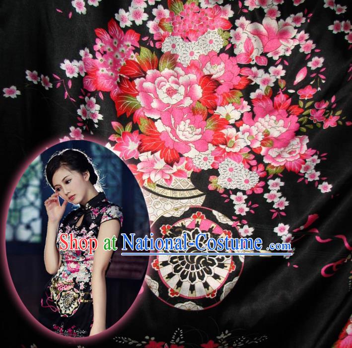 Chinese Traditional Clothing Royal Court Flowers Pattern Tang Suit Black Brocade Ancient Costume Cheongsam Satin Fabric Hanfu Material