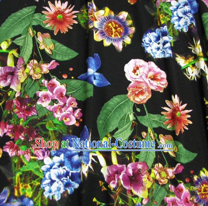 Chinese Traditional Royal Court Printing Flowers Black Brocade Xiuhe Suit Fabric Ancient Costume Tang Suit Cheongsam Hanfu Material