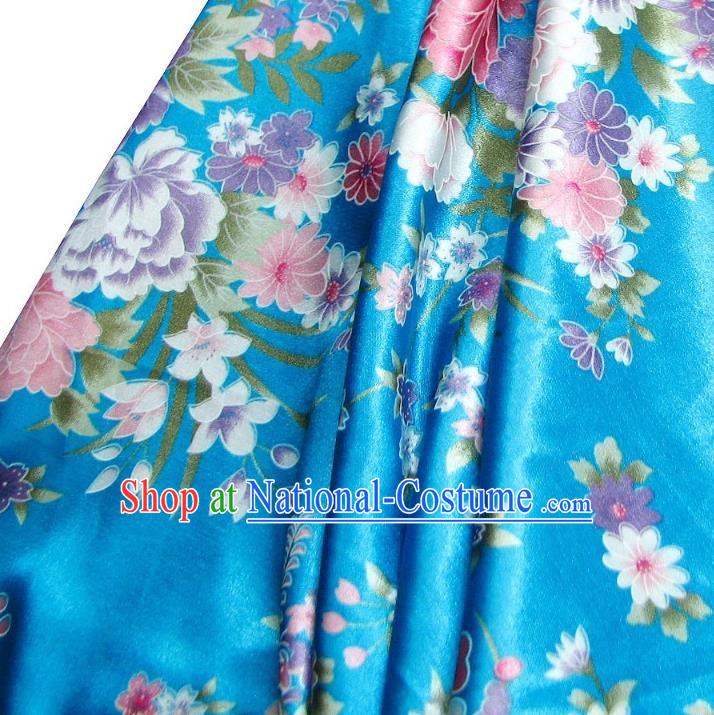 Chinese Traditional Royal Palace Printing Flowers Design Hanfu Blue Brocade Fabric Ancient Costume Tang Suit Cheongsam Material