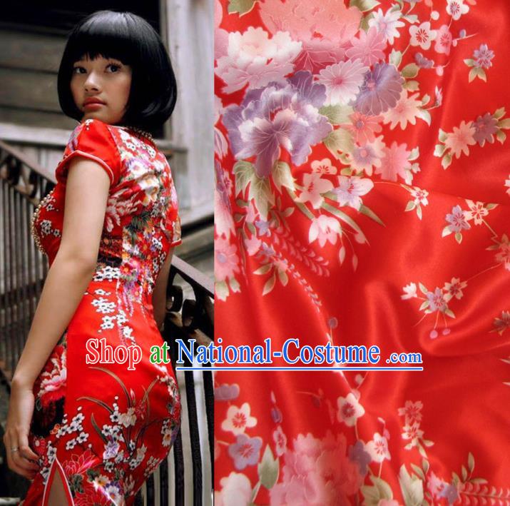 Chinese Traditional Royal Palace Printing Flowers Design Hanfu Red Brocade Fabric Ancient Costume Tang Suit Cheongsam Material