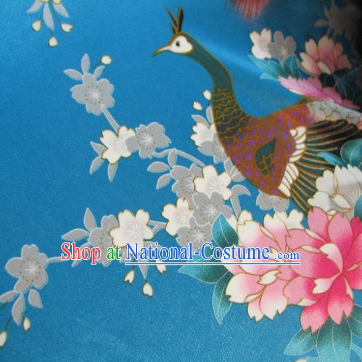 Chinese Traditional Royal Palace Printing Peacock Design Hanfu Blue Brocade Fabric Ancient Costume Tang Suit Cheongsam Material