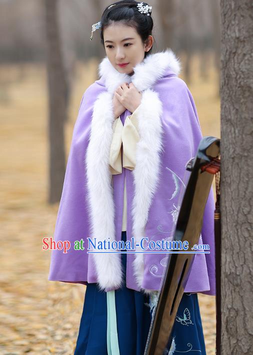 Traditional Chinese Ming Dynasty Young Lady Hanfu Costume Embroidered Purple Wool Short Cloak for Women