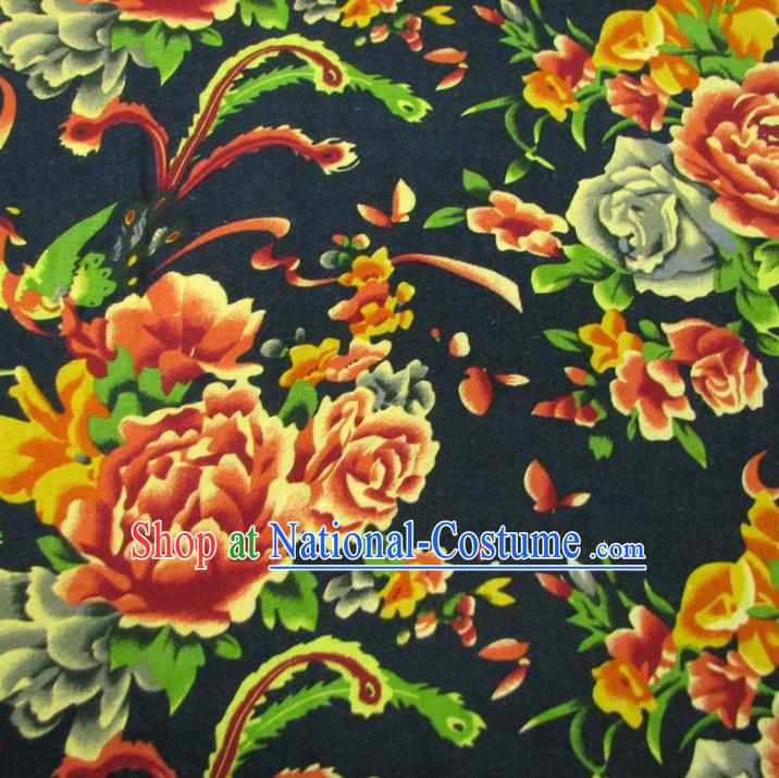 Chinese Traditional Palace Phoenix Peony Pattern Hanfu Black Cotton Fabric Ancient Costume Tang Suit Cheongsam Material