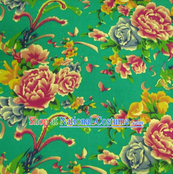 Chinese Traditional Palace Phoenix Peony Pattern Hanfu Green Cotton Fabric Ancient Costume Tang Suit Cheongsam Material