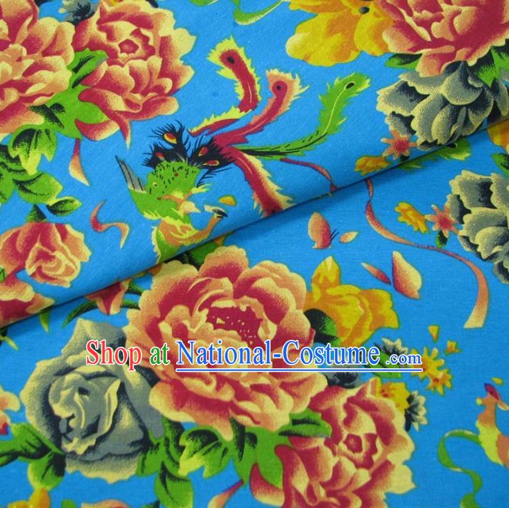 Chinese Traditional Palace Phoenix Peony Pattern Hanfu Blue Cotton Fabric Ancient Costume Tang Suit Cheongsam Material