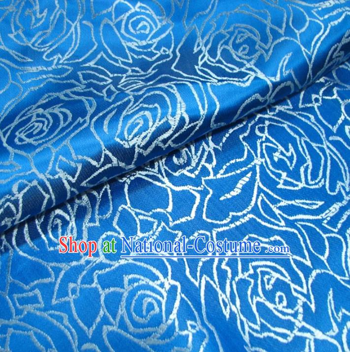 Chinese Traditional Palace Rose Pattern Hanfu Blue Brocade Fabric Ancient Costume Tang Suit Cheongsam Material