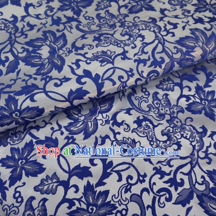 Chinese Traditional Palace Blue Pattern Hanfu White Brocade Fabric Ancient Costume Tang Suit Cheongsam Material