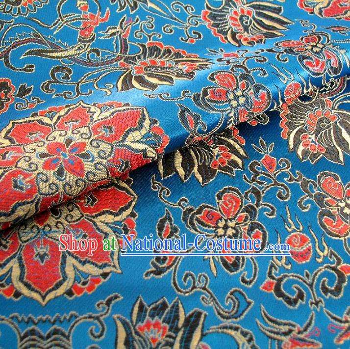 Chinese Traditional Palace Rich Pattern Design Hanfu Blue Brocade Fabric Ancient Costume Tang Suit Cheongsam Material