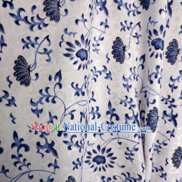 Chinese Traditional Palace Printing Flowers Pattern Hanfu White Brocade Fabric Ancient Costume Tang Suit Cheongsam Material