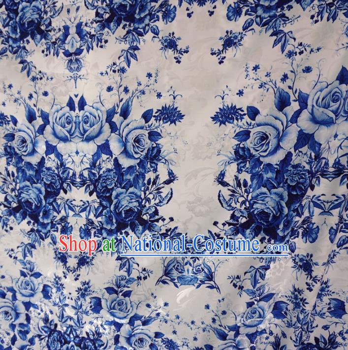 Chinese Traditional Palace Printing Rose Flowers Pattern Hanfu White Brocade Fabric Ancient Costume Tang Suit Cheongsam Material